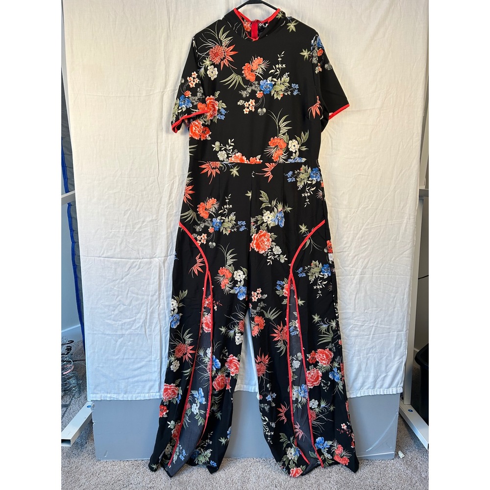 Fashion Nova Floral Wide Leg Jumpsuit Mandarin Collar Slit Leg 2X #2268
